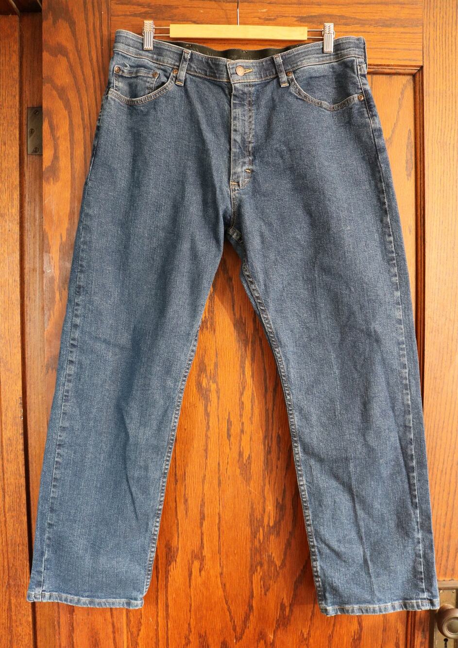 WRANGLER Authentics Mens 36x28 Dark Wash Jeans Comfort Elastic Waistband Denim
